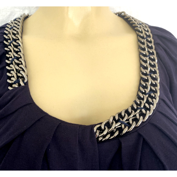 3.1 Phillip Lim Top Blouse Navy Blue Chain Neck Short Sleeve Relaxed Fit Scoop L - Picture 5 of 8